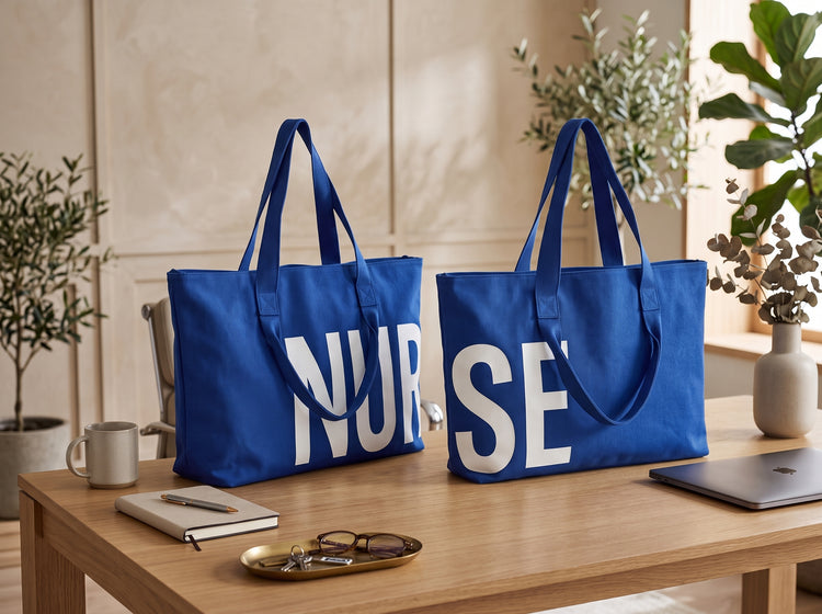 Two Royal Blue nurse totes displayed side by side on a desk